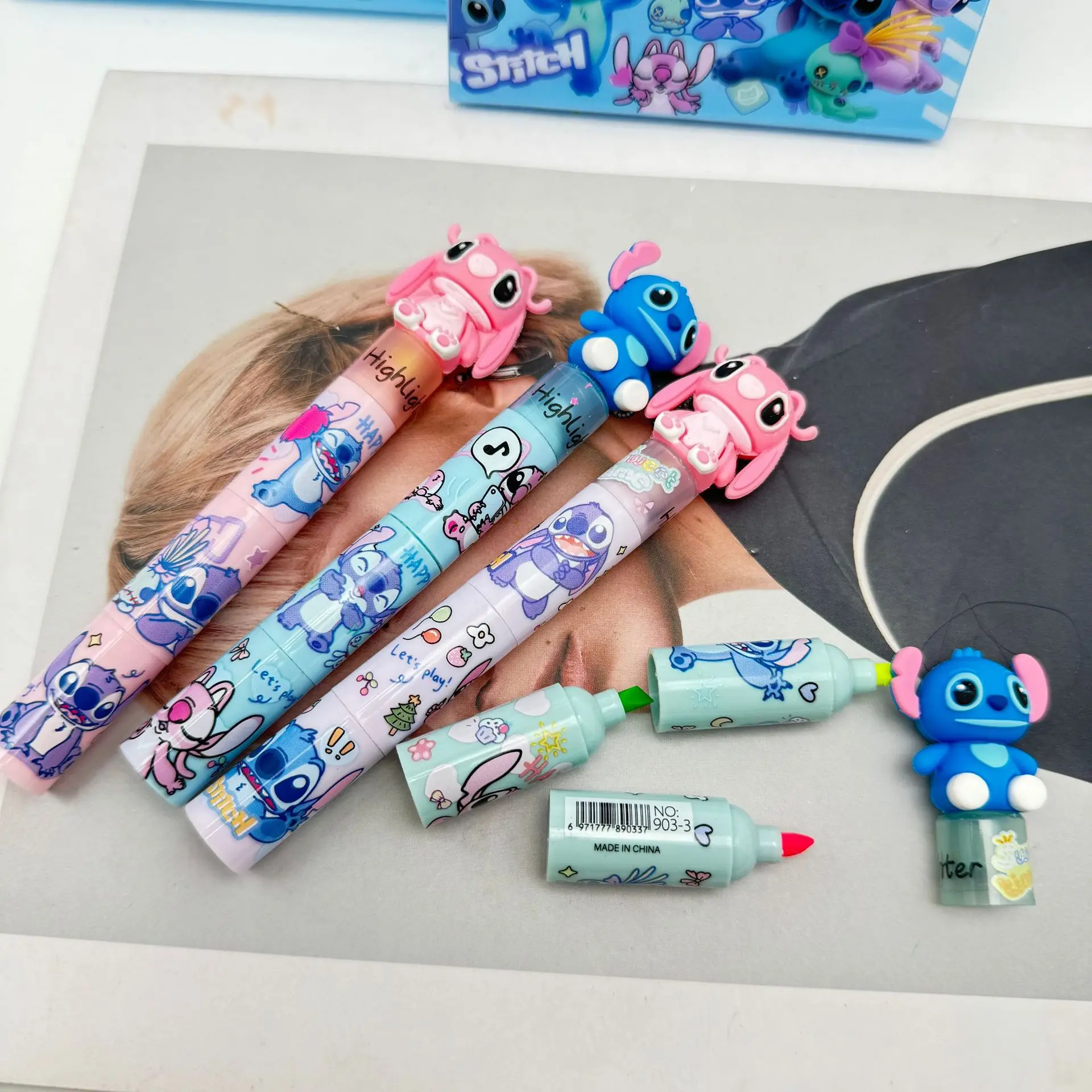 

4pcs Disney Stitch Bagged Mini Highlighter Lilo & Stitch Cartoon 3 color Diy Handbook Pen Cute Student Marker Stationery Gift