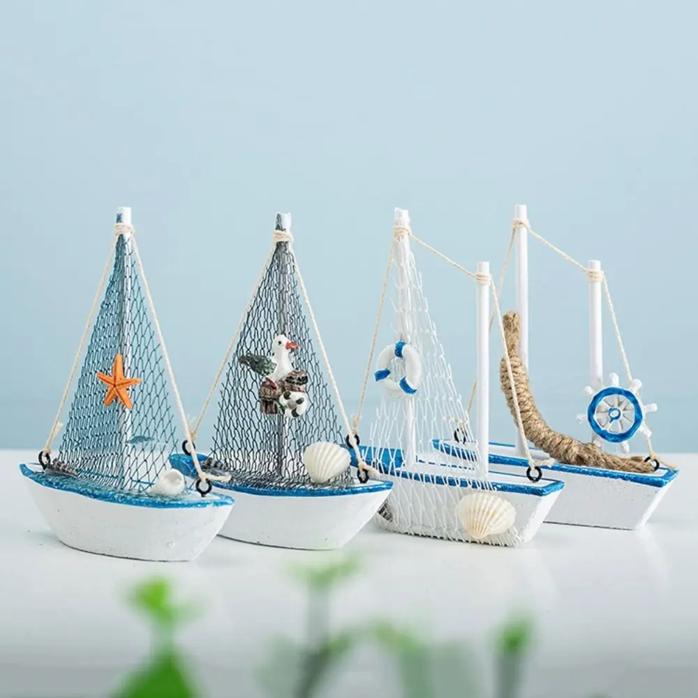 Mediterranean Style Sailing Boat Model Handmade Fishing Net Accent Wooden Ship Ornament Shells Accent Wooden Miniature Sailboat