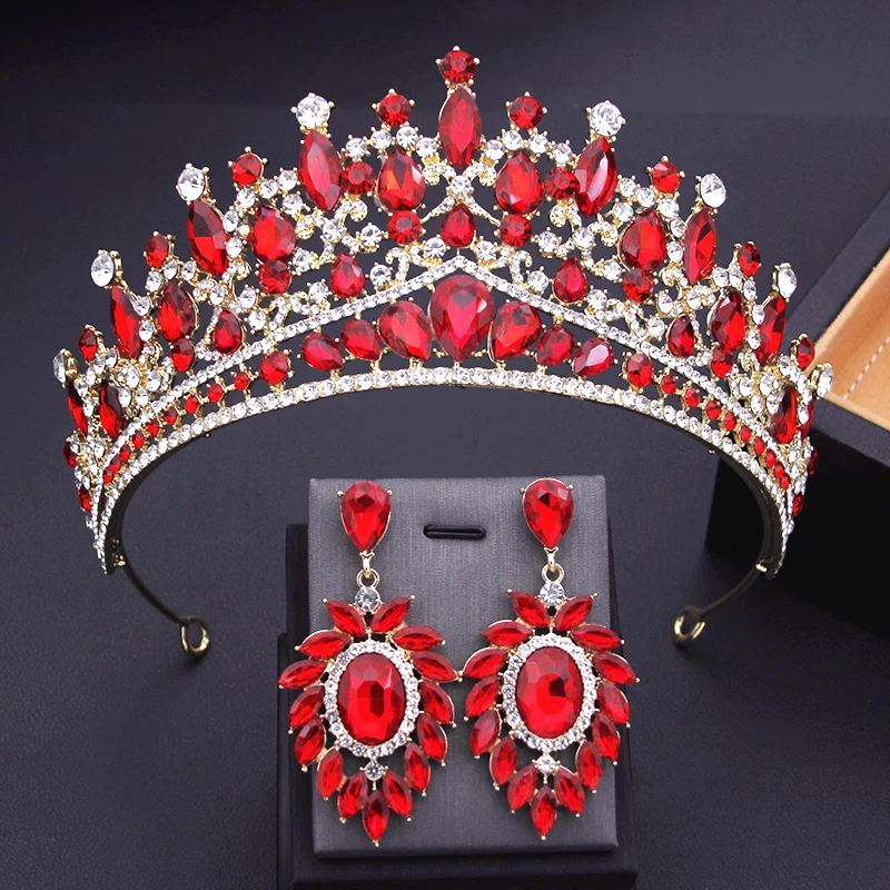 Red Crystal Tiara Sets Bridal Crown for Wedding Birthday Party Princess Queen Tiaras and Crown Hair Jewelry Bride Crown Set