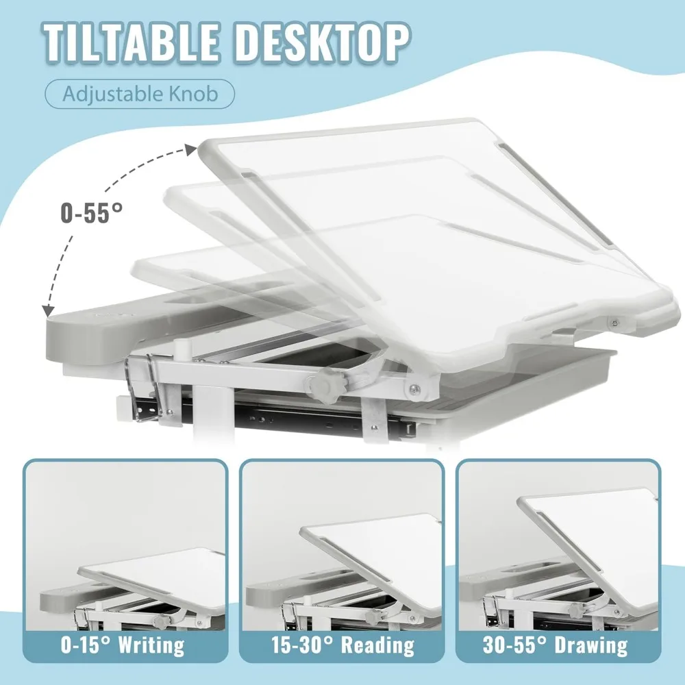 子供用の高さ調節可能なデスクと椅子,55 ° 傾斜した書斎デスク,3つのモードと3つの輝度LEDランプ