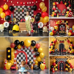 Photography Background Studio Racing Boy Birthday Party Backdrop Balloon Decor Black White Plaid Race Track Kid Cake Smash Photo