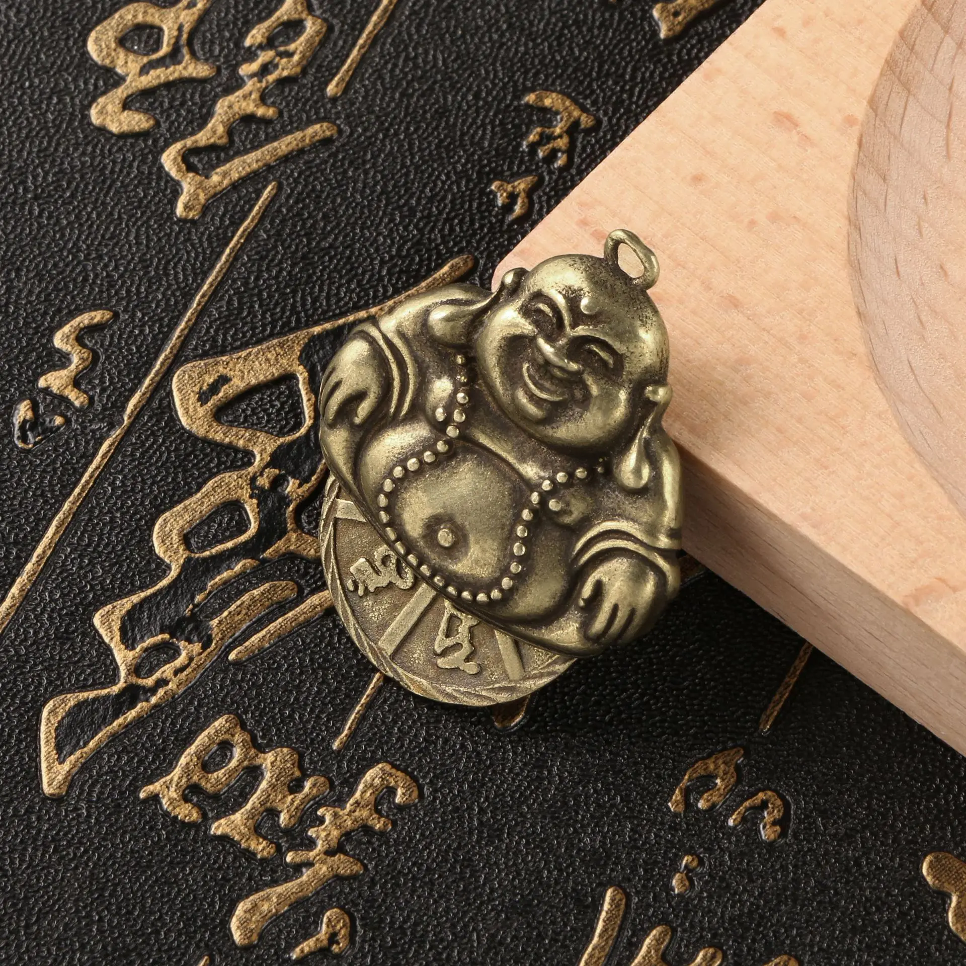 

Antique copper mini Maitreya Buddha statue hanging ornament six character mantra amulet modern exquisite handicraft