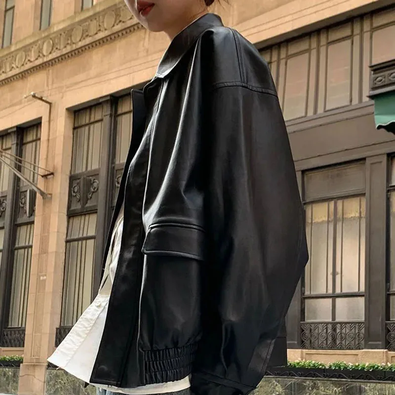 Gidyq Vintage Women Pu Leather Jacket Casual High Street Moto Biker Techwear Coat Oversized Leather Fall Black Cropped Outerwear