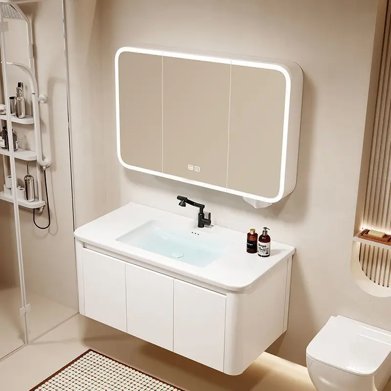 Cream wind space aluminum rounded corner bathroom cabinet ceramic integrated basin wash basin cabinet combination washbasin
