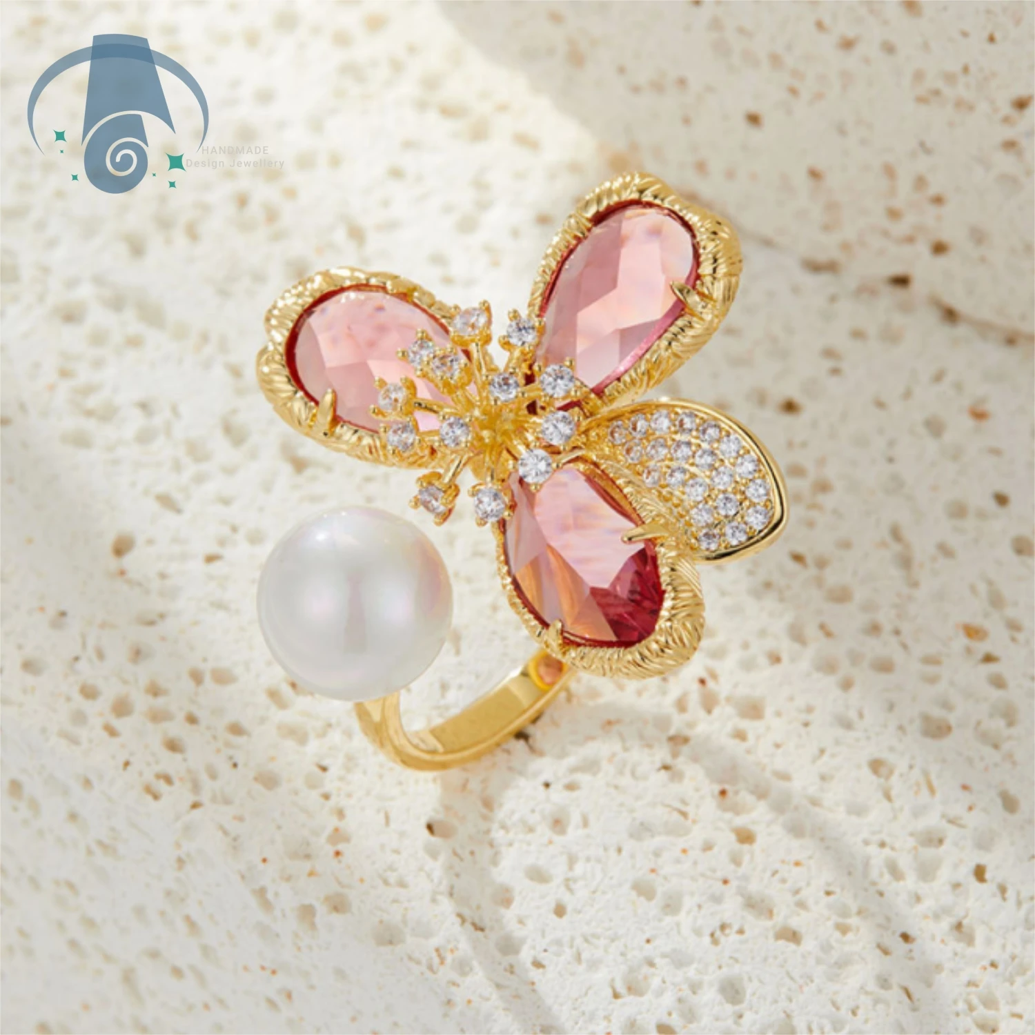 Vintage Floral Open Ring Pink Crystal Index Finger Micro Pave Petal Lightweight Elegant Unique Artistic Bohemian Daily Wear Gift