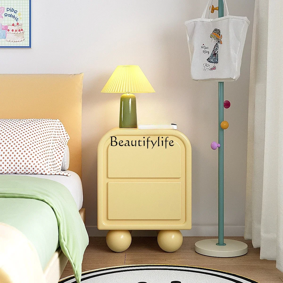 

FG40Dopamine yellow bedside table rack storage solid wood drawer cute edge few