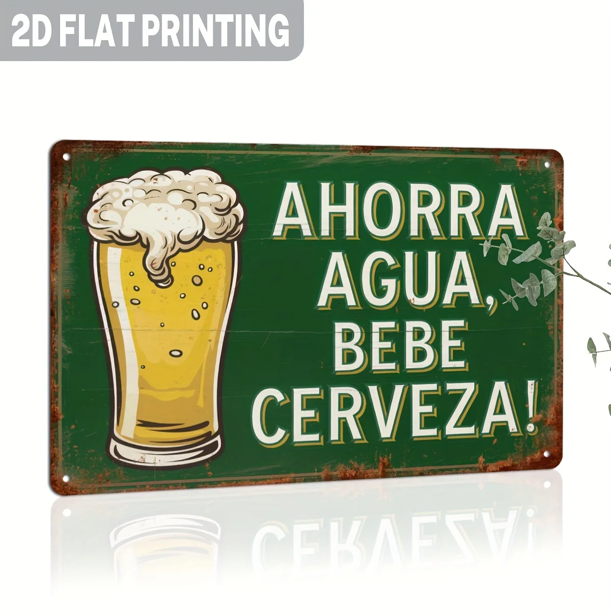 2D Flat, 1pc Spanish Funny Beer & Water Saving Metal Sign - 
