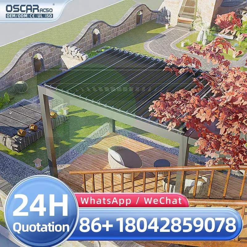 

Моторизованная биоклиматическая уличная алюминиевая беседка на крыше патио с жалюзи для сада, двора и беседки у бассейна