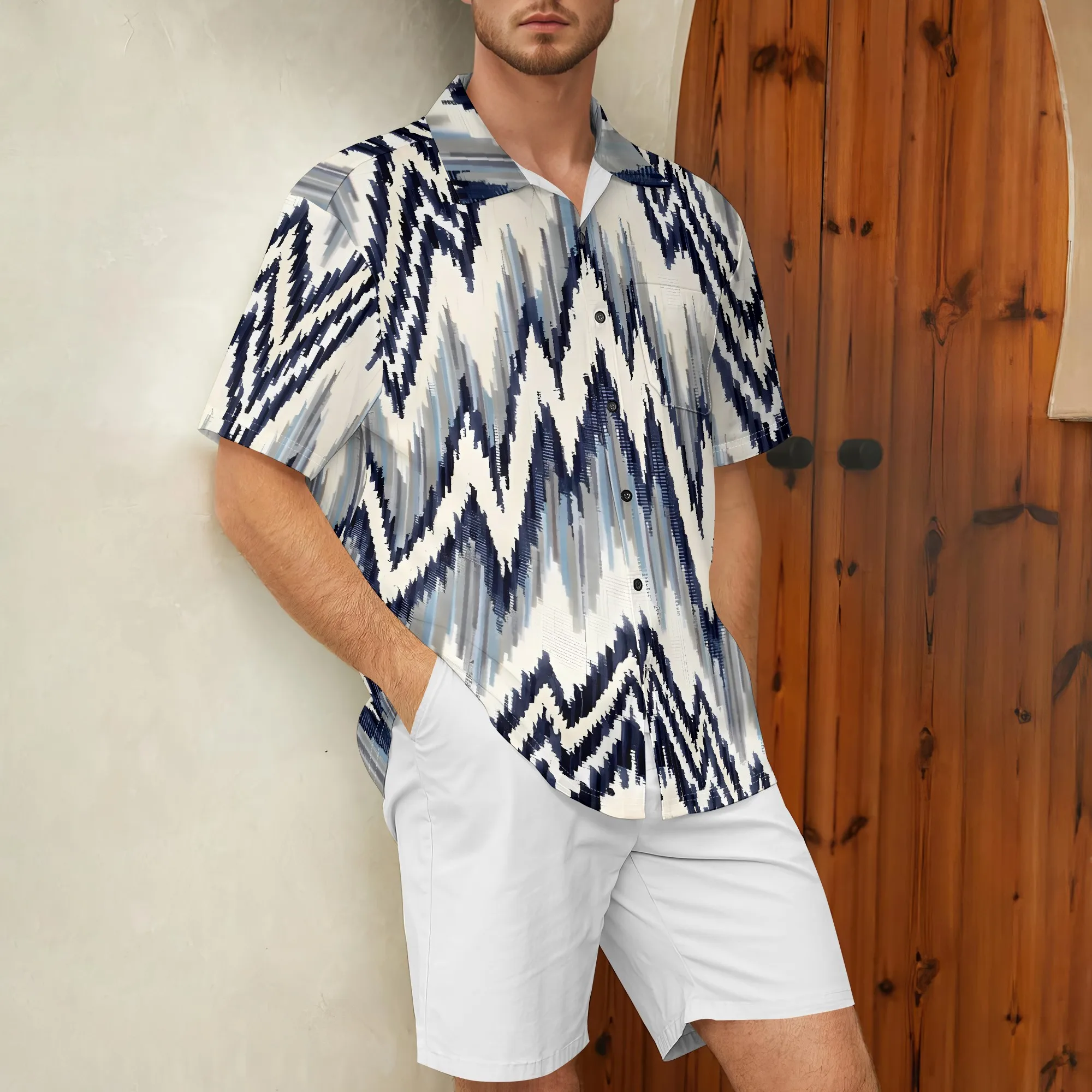 

YEAE Zigzag Pattern Shirt for Men Summer Casual Short Sleeve Top