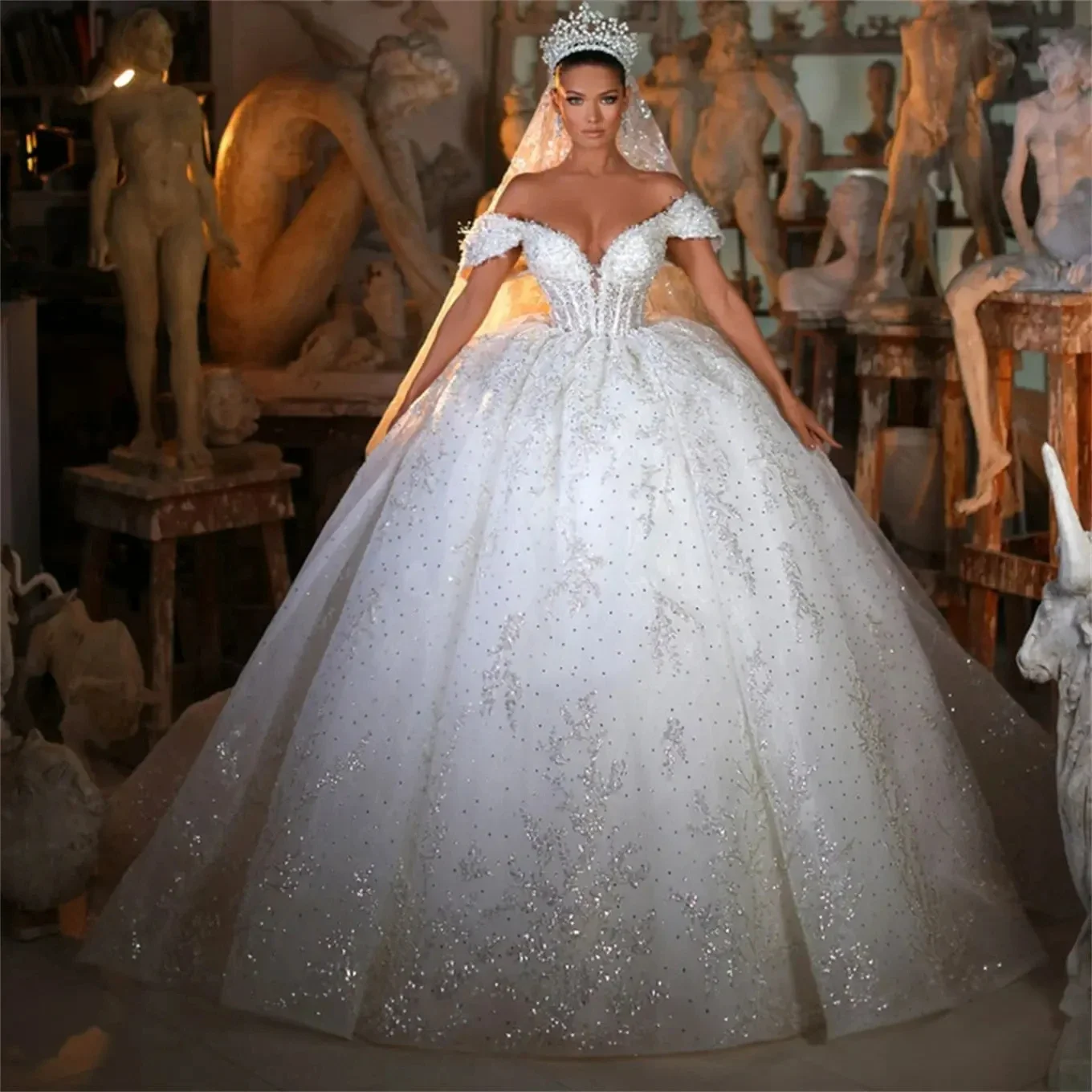 

Customized Sweetheart Shinny Beads Lace Wedding Dress For Bride Robes De Mariee Off The Shoulder Ballgown Puffy Bridal Gowns