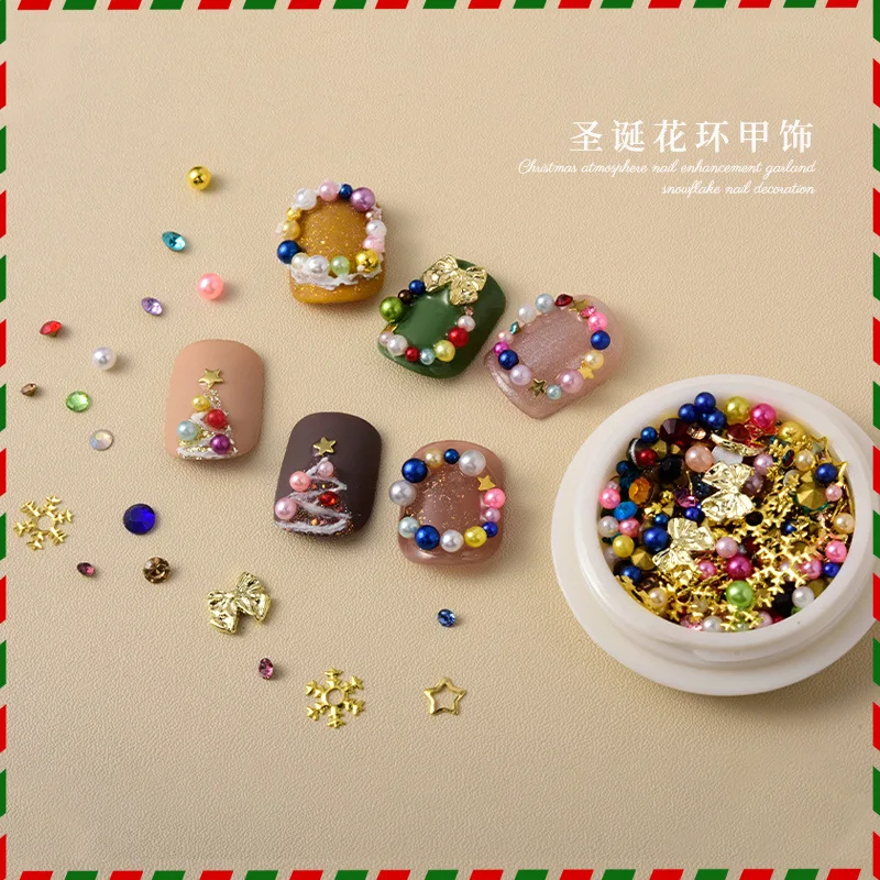 1 Box Christmas Pearl Jewelry Wreath Material Package Golden Bow Star Snowflake Colored Diamond  Set  Manicure Ornaments