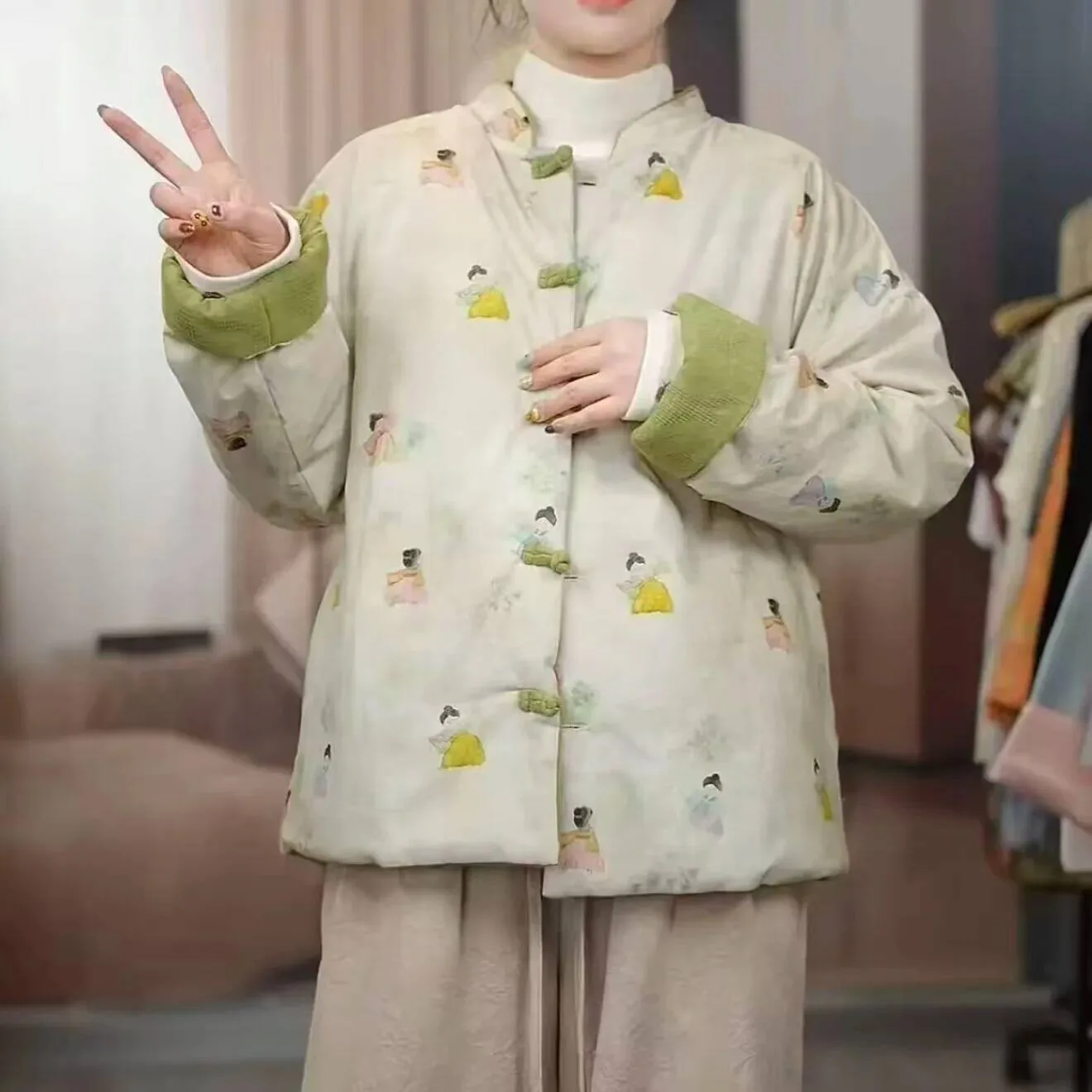 Nuova giacca spessa stile cinese da donna manica lunga colletto con spalle scoperte stand up vestiti di cotone double face...