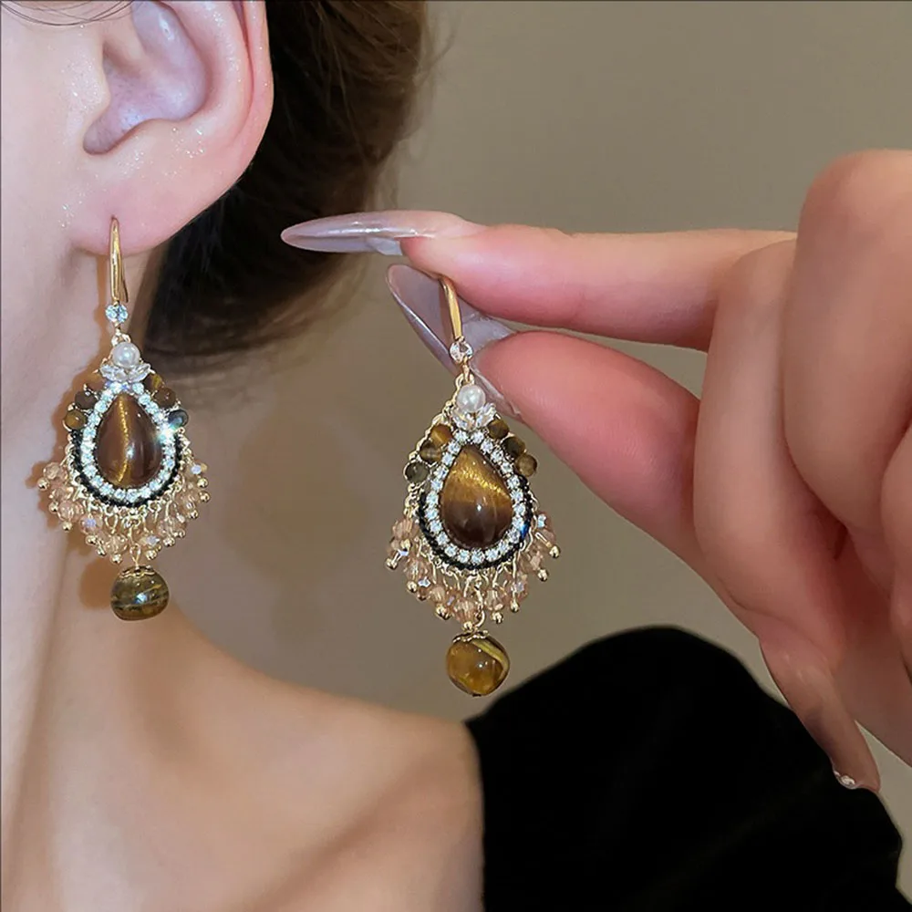 

Tiger's Eye Stone Tassel Earrings Retro Design Sense French Personality Court-style Dangle Earrings For Women