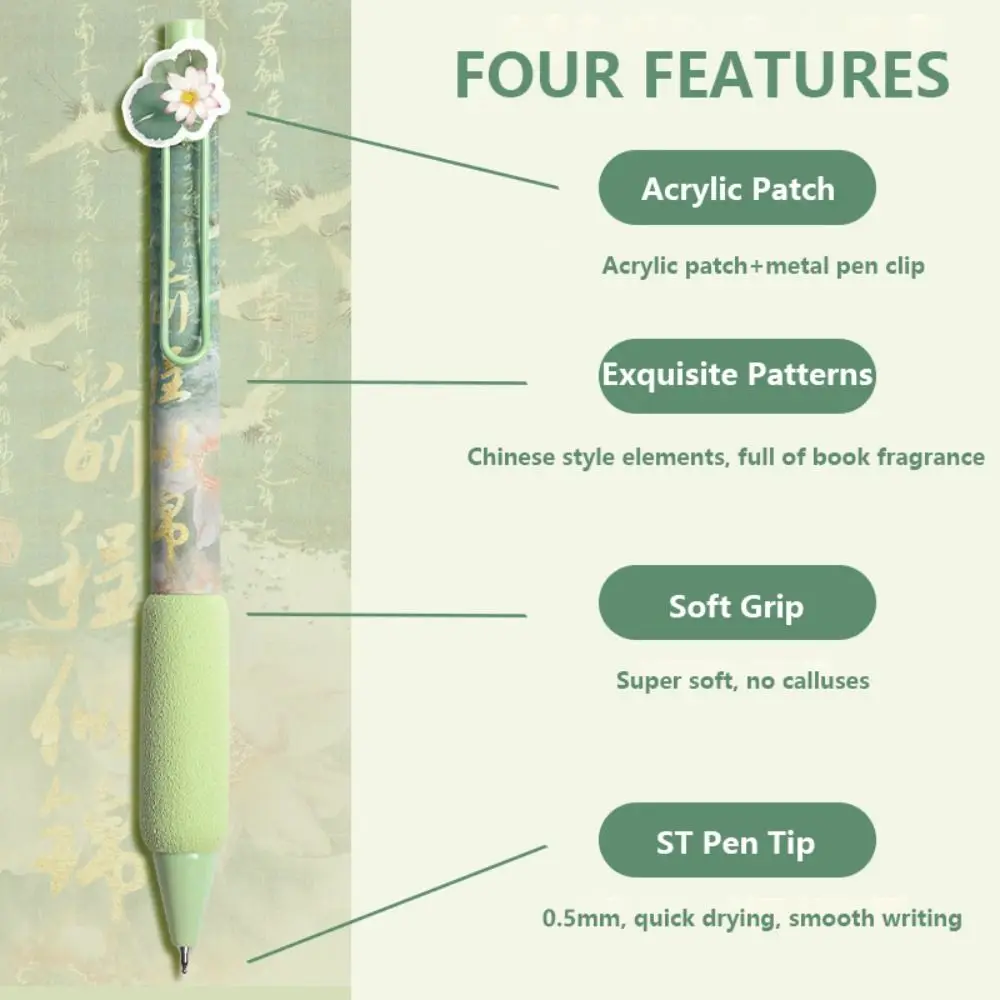 4PCS/Set Quick Drying Soft Grip Gel Pen Press Type 0.5mm Black Ink Neutral Pen Patch Ballpoint Pen School Office