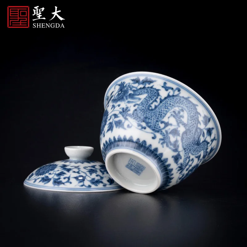 |twig wrapped lotus dragon pattern covered bowl Jingdezhen handmade high-grade ceramic tea bowl Kung Fu covered bowl