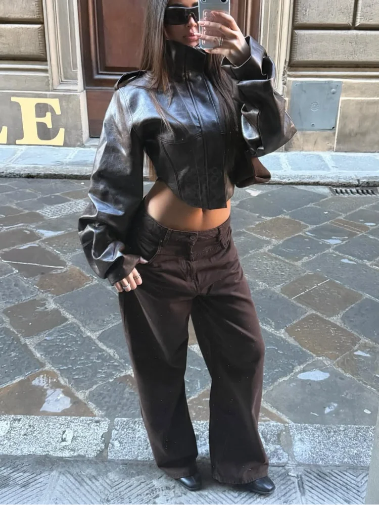 

Ретро-кожаная куртка из глянцевой кожи с узором «рыбья кость», женская модная куртка с воротником-стойкой, длинными рукавами, приталенная, укороченная, 2026, женский уличный пиджак