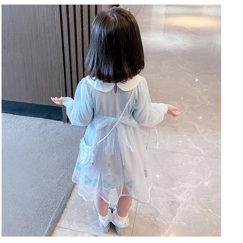 Girls Long Sleeve Mesh Dress Autumn Cartoon Frozen Elsa Printed Princess Dress Toddler Kid Clothes Birthday Party Dress + Bag