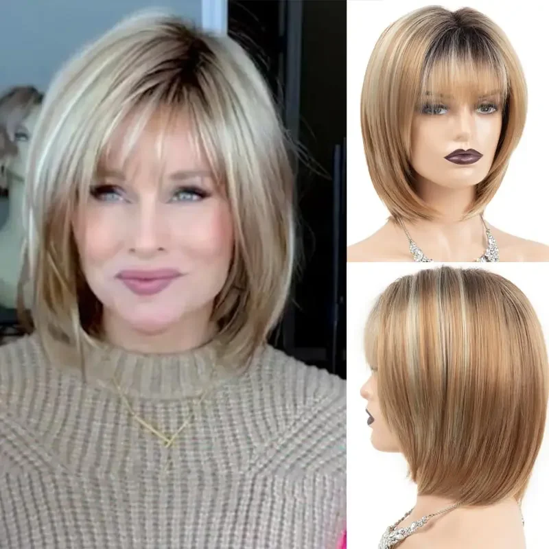 Peluca con corte Bob para mujer, cabellera sintética resistente al calor con raíces negras, color rubio, vestido de fiesta elegante