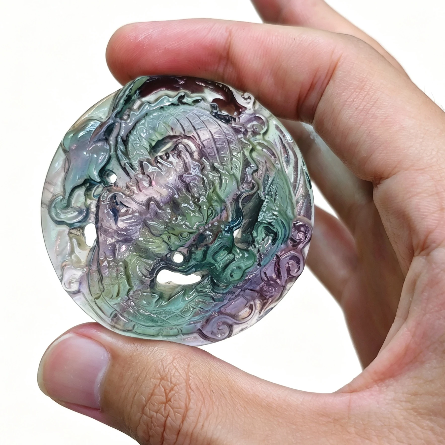 Natural Rainbow Fluorite Carved Dragon Disc Figurine Chinese Gemstone Statue Home Office Table Decor Gift Random Dispatch 1 Pc