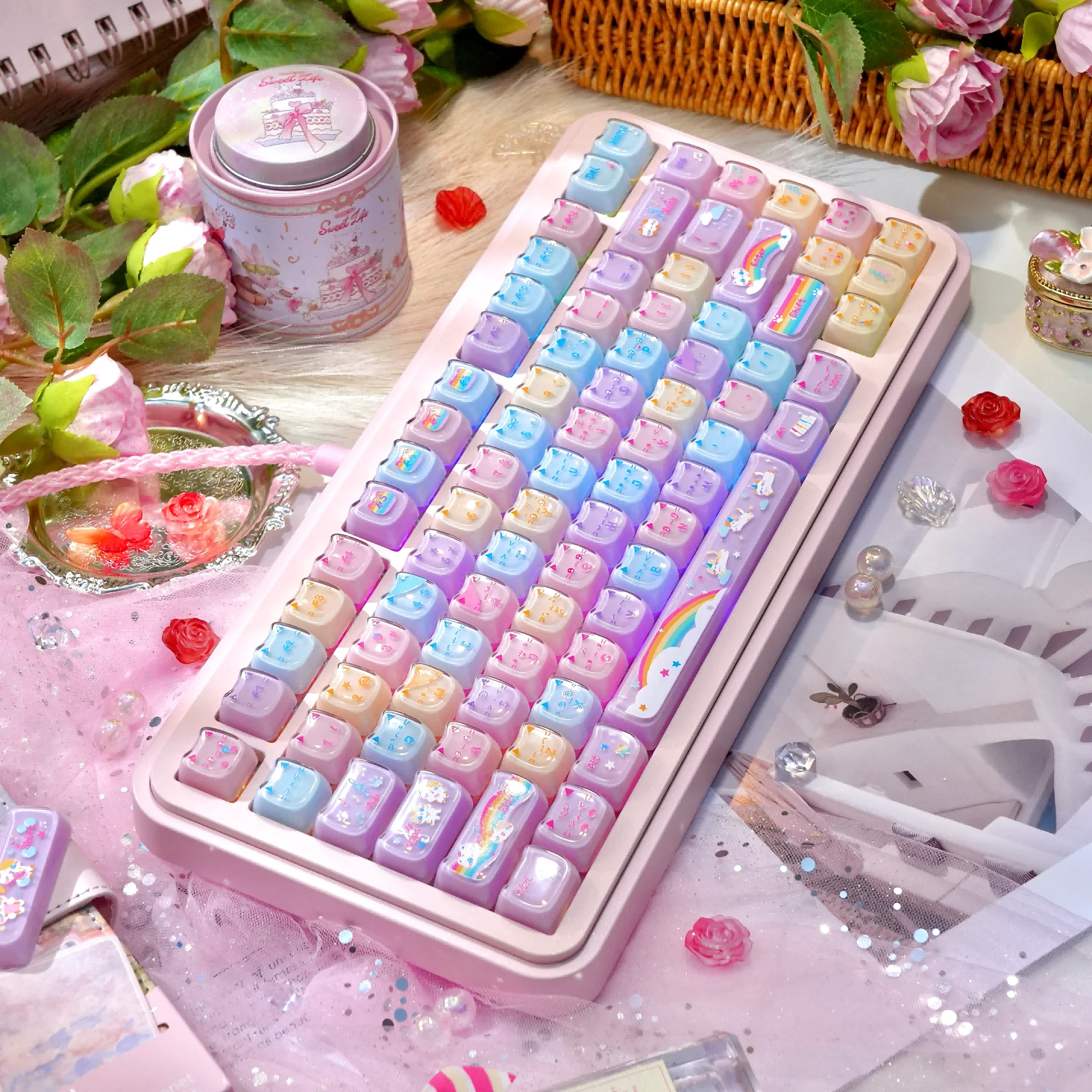 112 Keys Rainbow Cat Keycaps Crystal Jelly Cat Head Double Transparent Key Cap MAO Height Cross Keycap for Made68 Wooting60
