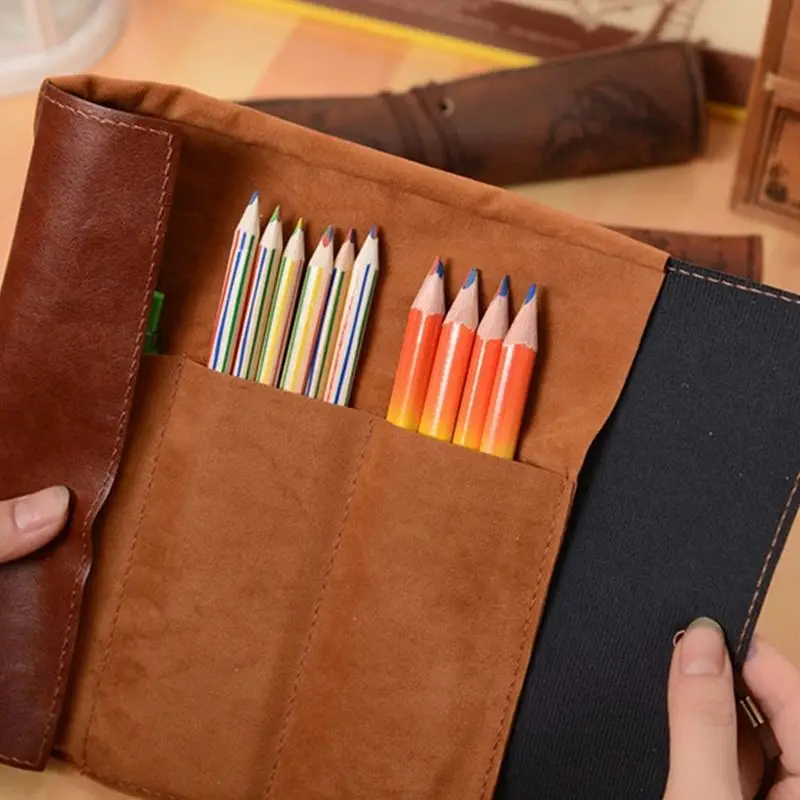 Vintage Imitation Cowhide Leather Roll Up Pirate Treasure Map Pencilcase Office School Supply Woman Cosmetics Storage Bag Gift image 6