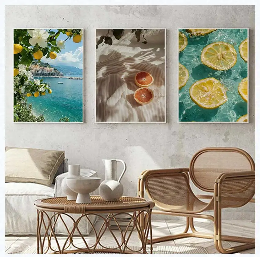 1 Stück rahmenloses Retro-Poster mit mediterraner griechischer Landschaft, Leinwandgemälde, Wandkunst, Bilder, Heimdekoration, italienische Zitrone, Orange
