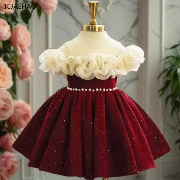 2025 Children's Dress Red Flower Child Wedding Little Girl BirthdayHost Princess Dresses High-End Piano Costume for Eid Party