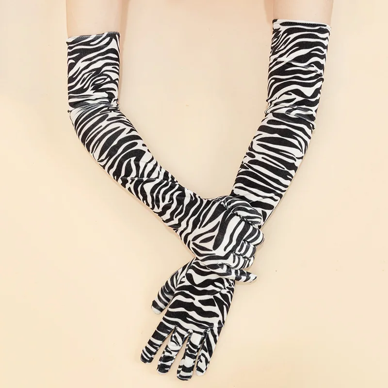 Fashion Zebra Print Gold Velvet Party Opera Dinner Dress Gloves Elastic Driving Mittens Women Full Finger Long Arm Sleeves S104