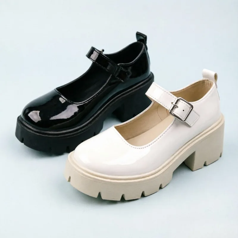 Black Ankle Buckle Platform Pumps Women Japanese Style Patent Leather Mary Jane Punk Thick Heels Lolita Shoes Vintage Stage Wear