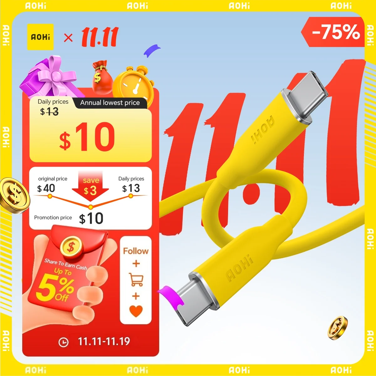 

AOHI 140W PD 3.1 USB C to USB C Fast-charging Silky Cable 3.3ft