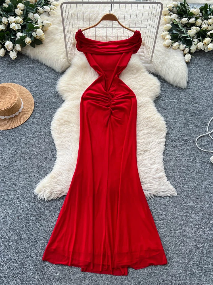 Ele Damen-Rock, lang, Dr, hohe Taille, A-Linie, Design, gefaltet, One-Shoulder, schmale Passform, figurbetont, hochwertig, koreanisches Sle