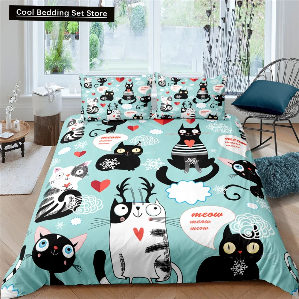 

Cartoons Cute Cat Quilt Cover Duvet Cover Pillow Case Boy Girl 2/3Pcs Bedding Set King Queen Size Kitty Polyester Quilt Cover