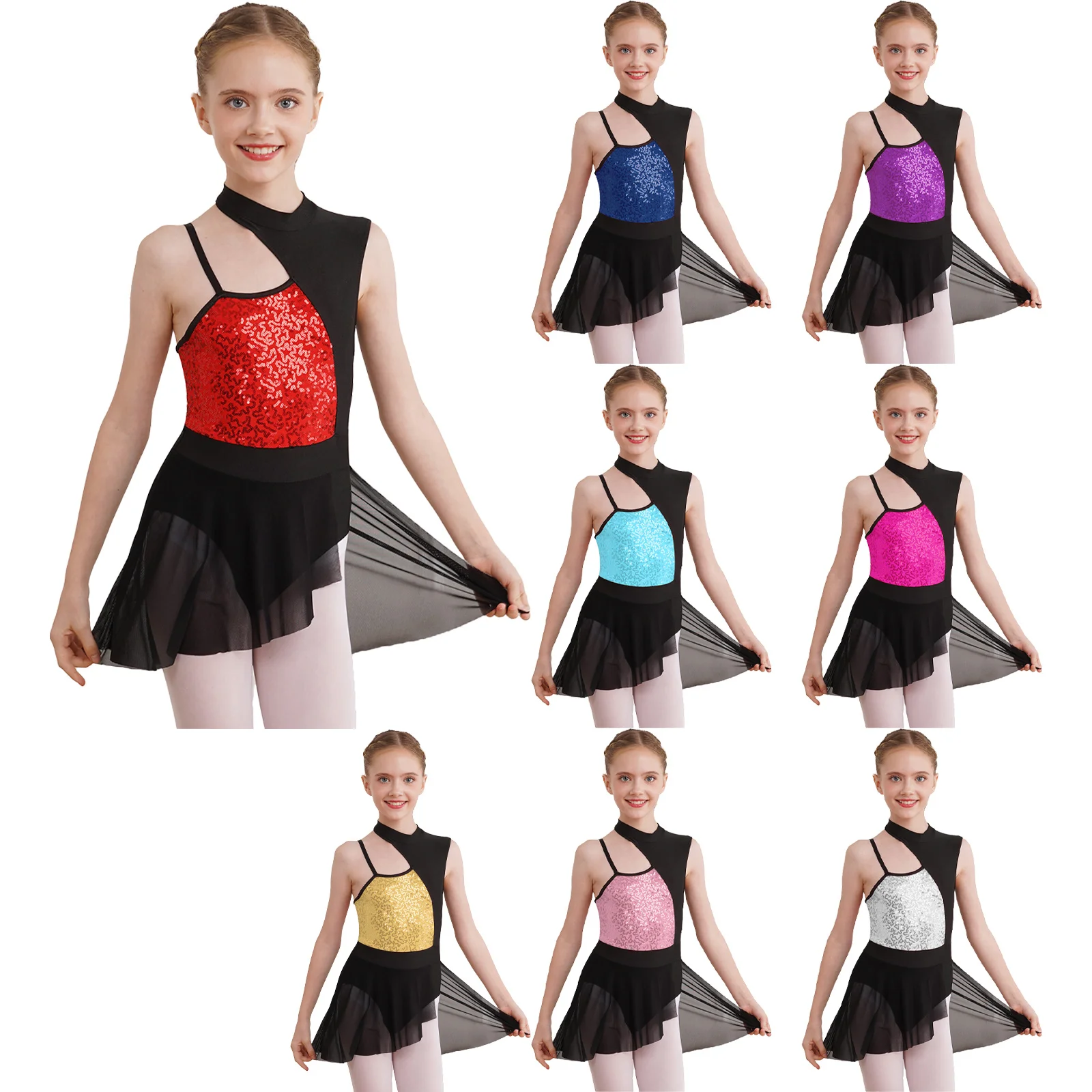 Kids Girls Irregular Sequins Ballet Tutu Dance Dress Figure Skating Outfits Stage Sleeveless Performance Dance Costumes