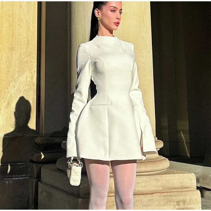 المرأة طويلة الأكمام عارية الذراعين فستان قصير مثير أنيق الخريف الشتاء س الرقبة عالية الخصر سليم صالح ثوب موضة سيدة نادي فساتين الحفلات