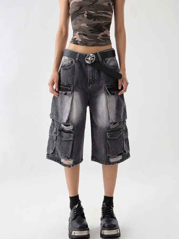 Summer Women's Distressed Design Black Gray Denim Shorts Unisex Street Capris Casual Bottom Female Wide-leg Calf-length Pants