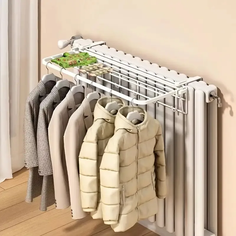 Heavy-Duty Wall-Mounted Radiator Rack - Pull-Out Clothes Drying Shelves & Rods | Space-Saving for Winter Garments (Black/White)