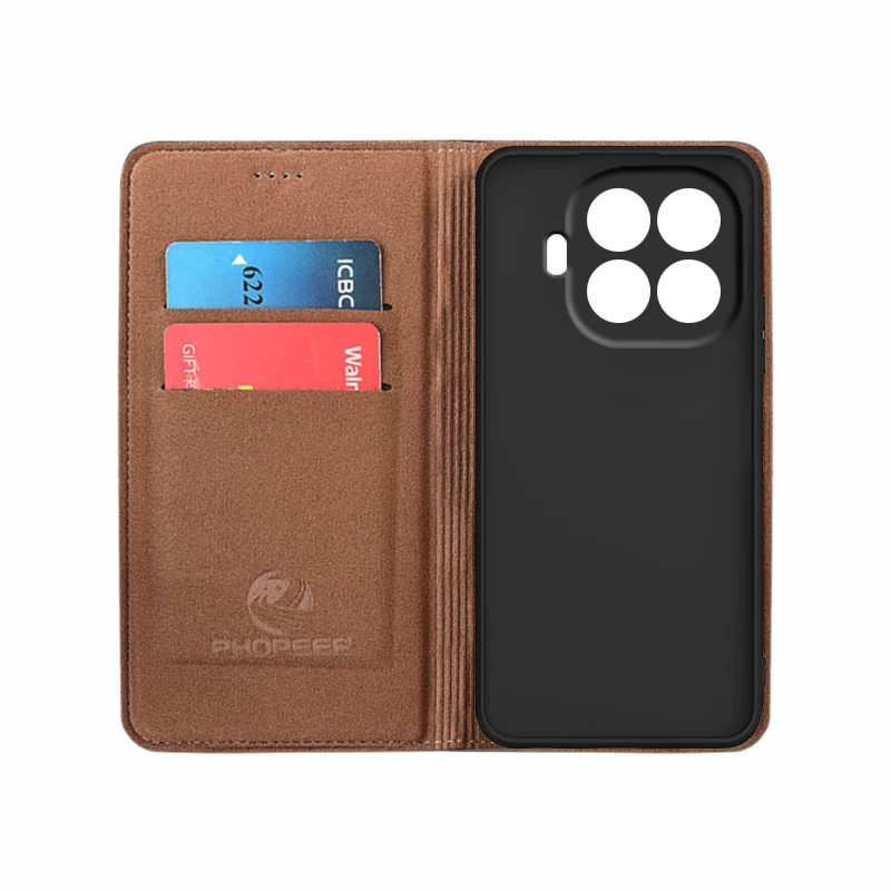 Etui z klapką do XIAOMI 17T Xiaomi17T Pro 5G, skórzane, magnetyczne, w stylu książkowym, z naturalnej skóry bydlęcej, wzór w kratkę, z kieszenią na karty i funkcją portfela. — zdjęcie produktu 3
