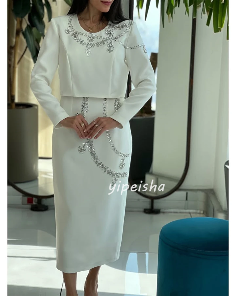 Maßgeschneiderte, moderne, formelle Jersey-Kleider mit Strassfalten und geradem Ballkleid, U-Ausschnitt, knöchellange Kleider, Abendkleider – Detail 5