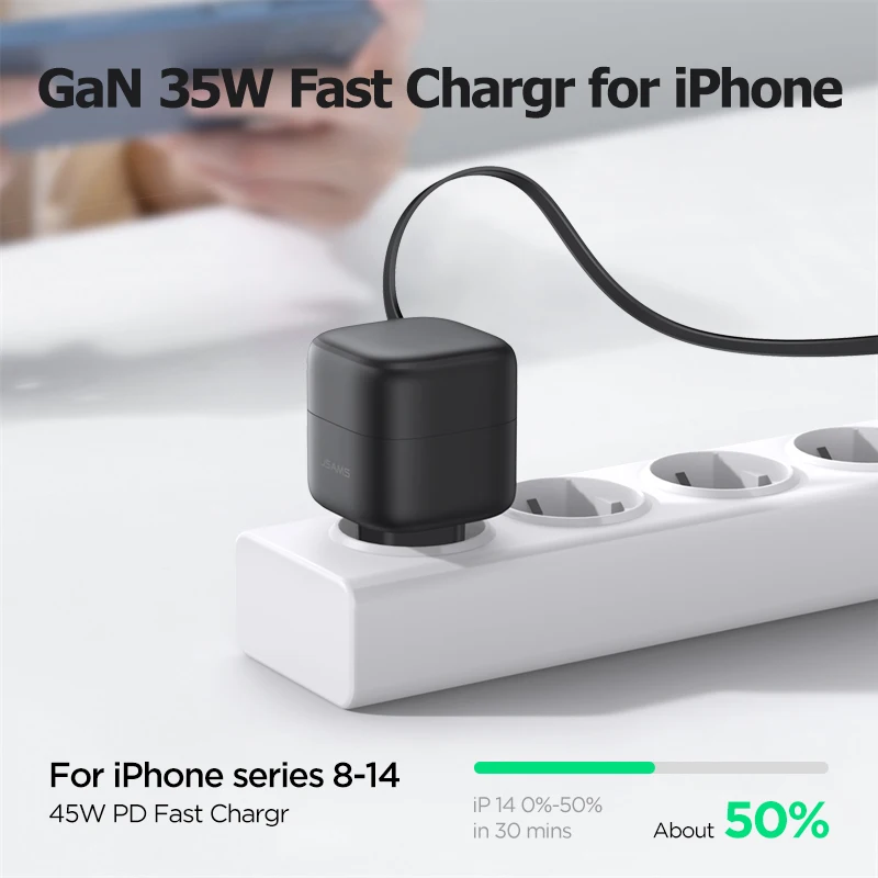 USAMS USB GaN Charger 35W Type C PD Fast Phone Charger Built in Quick Charge Cable EU Plug for iPhone 15  Pro Max Xiaomi Samsung