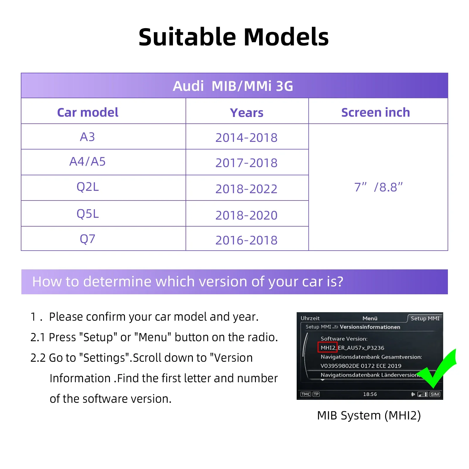صندوق فك ترميز التحديثية التلقائي CarPlay Android اللاسلكي لأودي A4 A5 Q2L Q5L Q7 2014-2022 نظام MIB شاشة 7/ 8.8 بوصة ترقية OEM