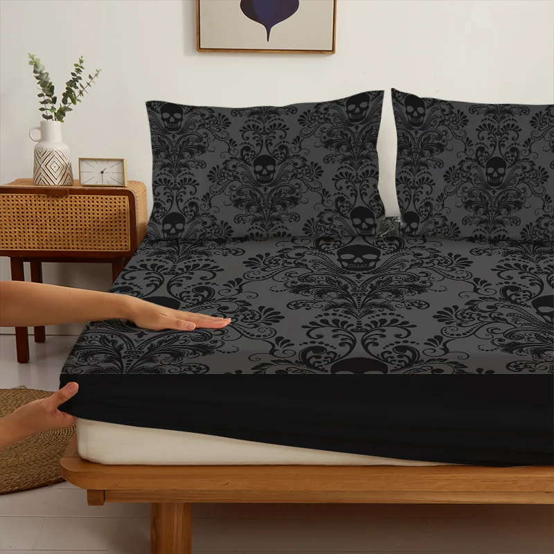 3pcs Skull Flower Bed Sheet Set With Flower Skull Pattern, Includes 1 Fitted Sheet And 2 Pillowcases, Suitable For All Seasons