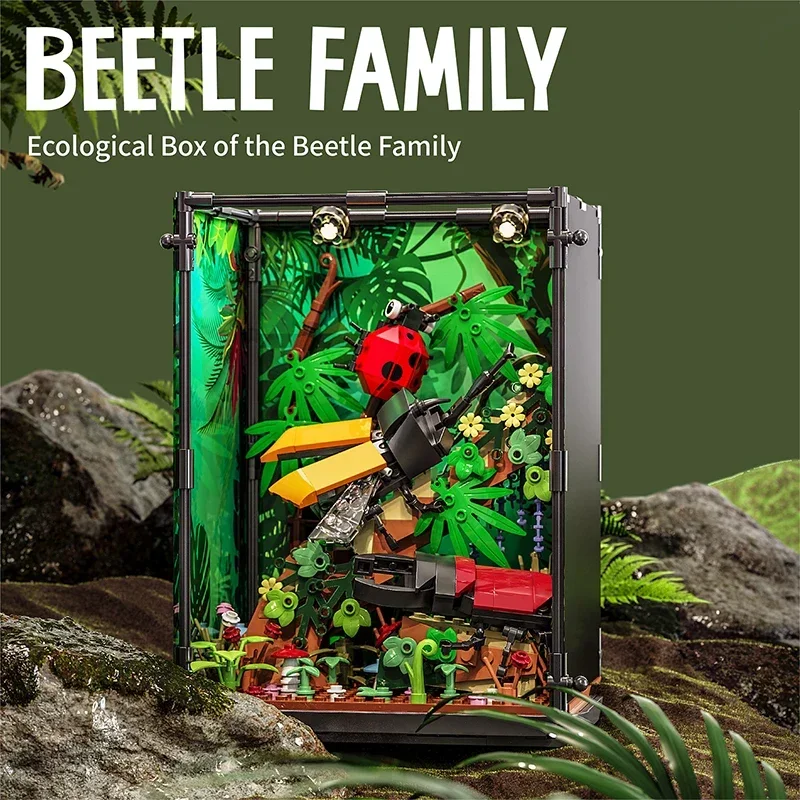 Rainforest Insect Ecological Box Building Blocks Beetle Ladybug Scene Model With Light Desktop Ornament Diy Toy For Adults Gift