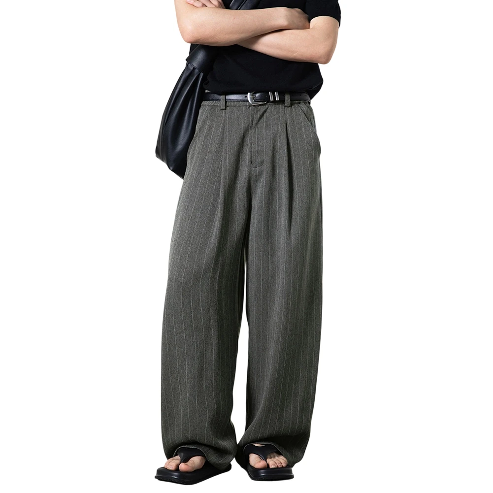 Men's Retro Striped Suit Pants Loose Straight Leg Trousers Old Money Style Casual Floor Length Dress Slacks For Four Seasons