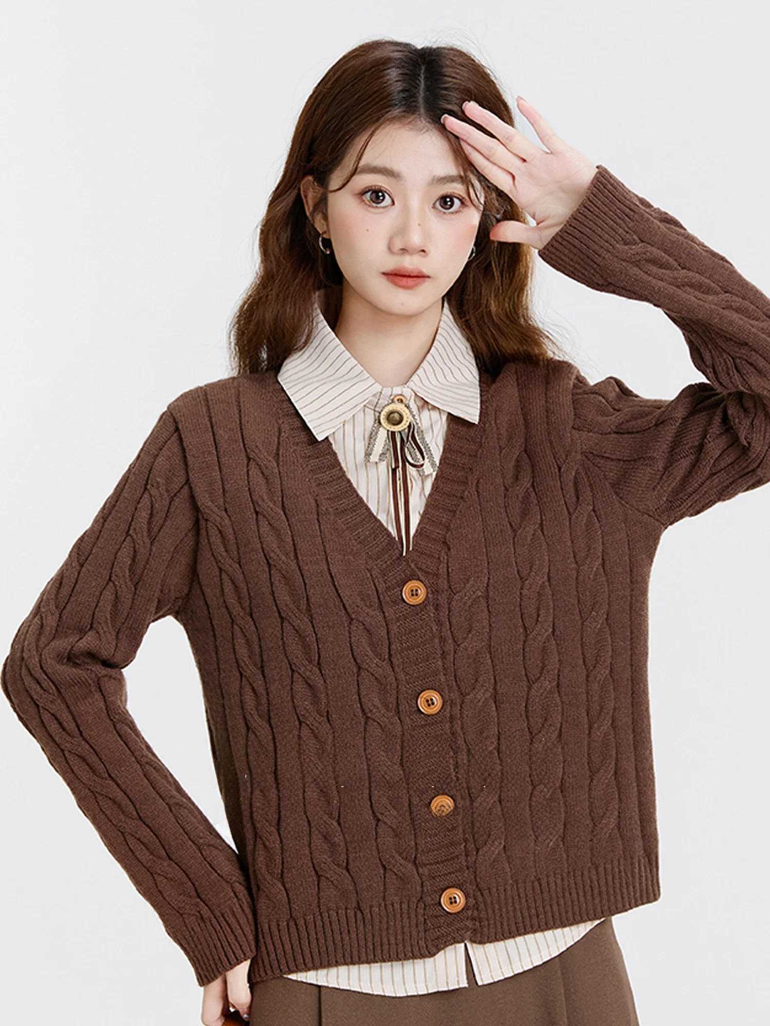 

Вязаный свитер-кардиган в полоску с цветными блоками, осенне-зимний, с воротником, длинными рукавами, повседневный, свободного кроя, модный женский топ