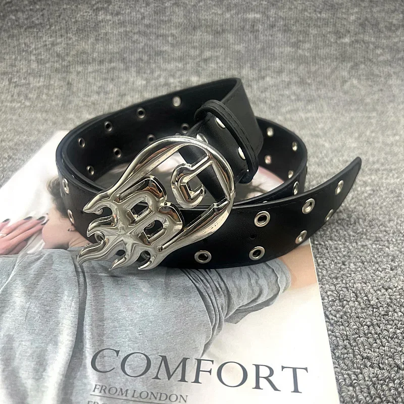 

2024 Gothic Women's Flame Letter Double Breasted Belt Punk Style Heavy Metal Needle Buckle Belt Perforated Denim Jeans Y2k Belt