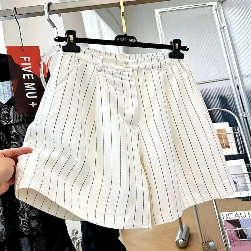 Women Shorts Elegant Striped 2026 Summer A-line Drawstring Elastic Waist Wide Leg Pants Casual Cargo Shorts Loose Women Clothing
