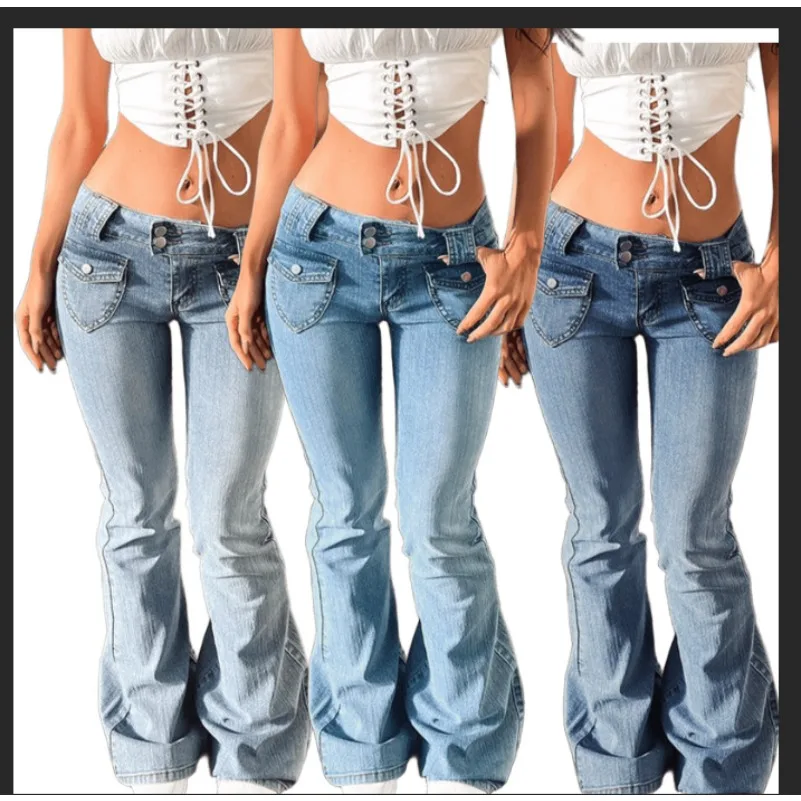 Retro hot girl low waist jeans y2k high elastic slim fashion bell bottom trousers for women