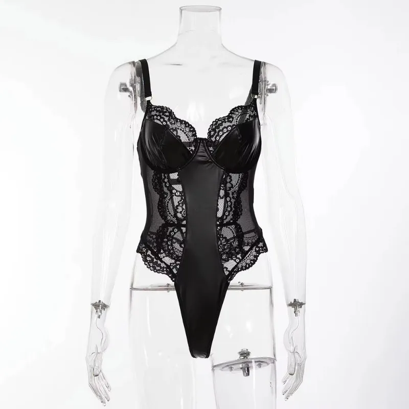 S-XXL V-neck Faux PU Leather Bodysuit Lace Mesh Transparent Swimsuit Tights High Cut Thong Sukumizu Sexy Body Teddies Lingerie