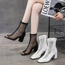 KNCOKAR The new crystal and sexy fashionable fish mouth is transparent thick and high heel mesh female cool boots