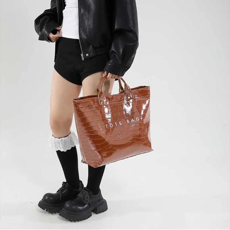 التمساح الملمس حمل حقيبة بولي كلوريد الفينيل كرافت ورقة سعة كبيرة الفاخرة المتشرد حقيبة يد المرأة رسائل التسوق عادية مقبض علوي حقائب اليد #5